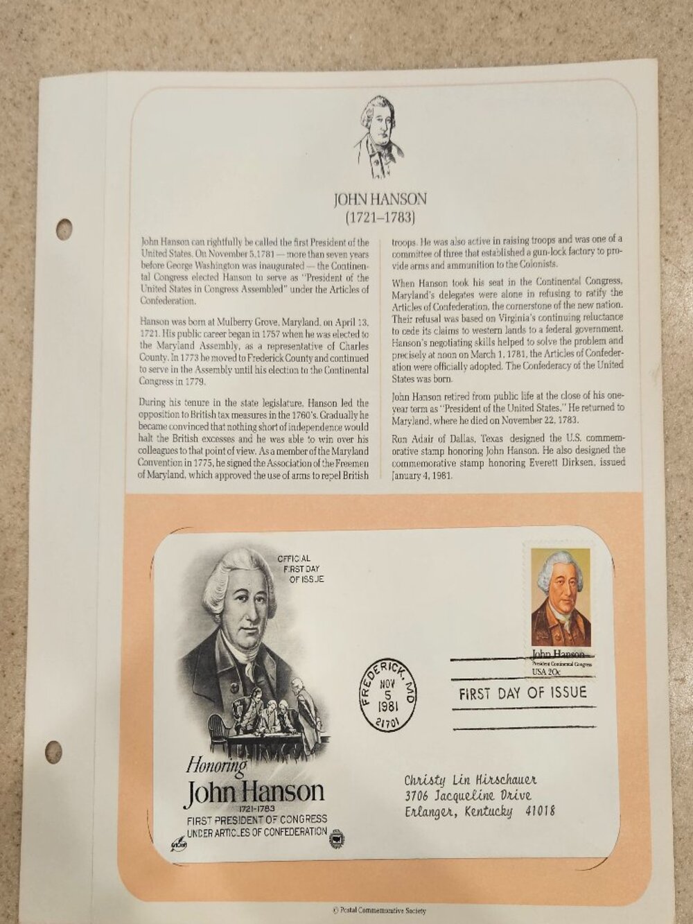RARE COLLECTIBLE USPS 1ST DAY ISSUE COVER JOHN HANSON CONGRESS STAMP ENVELOPE